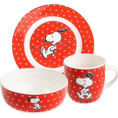 United Labels The Peanuts Snoopy 3-Piece Breakfast Set, Red with Dots, Porcelain Crockery Set with Plate Diameter 19 cm, Cup 220 ml and Bowl 330 ml