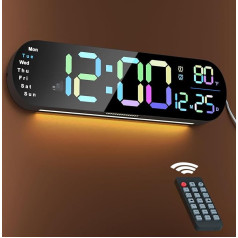 13.7 Inch Wall Clock Digital Large Large Digital Wall Clock with Timer Remote Control, Automatic Brightness Dimmer, RGB Night Light, Double Alarm, Wall Clocks for Living Room Decor, Decor, Gift,