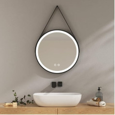 EMKE Bathroom Mirror with Lighting, Round, 50 cm Diameter, Bathroom Mirror with Black Frame, 3 Light Colours, Dimmable, Memory Function, Touch, 3 Hours Auto Shut-Off, Energy Saving Wall Mirror