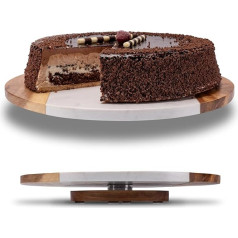 Fino Casa Rotating Marble Top with Acacia Wood Round Cake Plate Kitchen Organiser Cheese Plate The Marble Plate Serving Plate with Base Serving Plate Turntable Wooden Cake Stand Decorative Tray Table