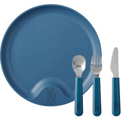 Mepal Mio Children's Plate with Cutlery Set, Deep Blue, Robust Plastic Plate, Stainless Steel Cutlery with Handle, Practical Recess in the Rim, Fork, Knife, Spoon, Dishwasher Safe