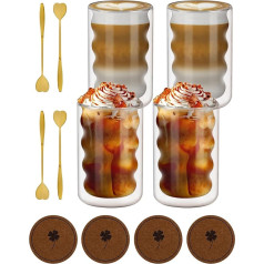 A aBlumen Set of 4 Latte Macchiato Glasses, Double-Walled Glasses, 350 ml, Spiral-shaped, Thermal Glass, Espresso Cups, Coffee Cups, Drinking Glasses, Capuccino Cups, Ice Cups, 4 Spoons and 4 Coasters
