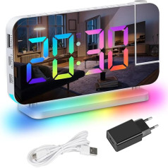 Exmate Projection Alarm Clock, Digital Alarm Clock with Projection, 2 USB Charging Ports, 6.5 Inch Dynamic RGB Mirror Screen, Snooze Alarm, Adjustable Brightness (White with Adapter)