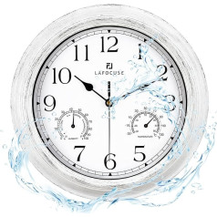 Lafocuse Waterproof Silent Wall Clock with Thermometer and Hygrometer, Outdoor Retro Wall Clock, White, Shabby Chic, No Ticking Noise, Vintage Decoration for Bathroom, Garden, Kitchen, Porches, 30 cm