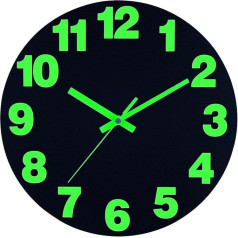 Plumeet Night Light Wall Clock, 30 cm Glow in the Dark, Wooden Clock for Bedroom, Silent Illuminated Wall Clock, Luminous Numbers and Hands, Battery Operated for Living Room/Kitchen, Black