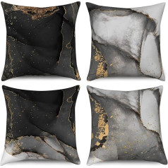 Marble Cushion Cover, 50 x 50 cm, Set of 4, Hnmdmyi Black Grey Gold Abstract Marble Texture Ink Decorative Cushion Covers Watercolour Modern Art Linen Cushion Cover for Sofa Couch Bed Garden Outdoor