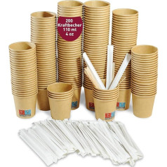 200 Disposable Kraft Paper Cardboard Coffee Cups 110ml / 4oz Cups for Short Coffee, Lungo, Espresso and More with Individually Paper Wrapped Wooden Stirrers