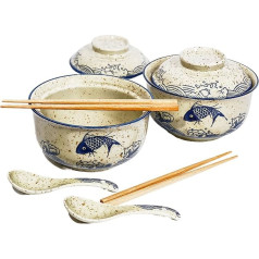 Ceraozmus Ceramic Ramen Bowl Set, 800 ml, with Lid, Spoon and Chopsticks, Japanese Vintage Large Soup Bowls, Instant Noodle Bowl, Asian Tableware (Fish x 2)