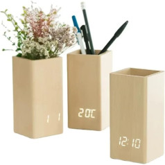 DKORARTE Digital LED Pen Holder Wooden Multifunction with Time/Date/Temperature Display and Voice Control