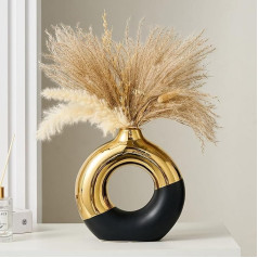 Ceramic Doughnut Vase, 20.5 L x 20.5 H cm, Black and Gold Round Vase for Pampas Grass, Nordic Modern Vases for Decor, Ceramic Vase Centrepieces for Wedding, Bedroom, Living Room, Coffee Table, Office