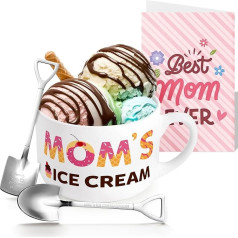 R HORSE Set of 4 Ice Cream Bowl with Handle, Stainless Steel Spoon, Ceramic Deep Dessert Cups for Dad, Sundae Stemed Fruit Snack Salad Parfait Bowls Gift for Christmas (Mother)