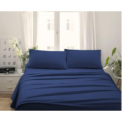 Made in Italy - Capri Complete Double Bed Linen 140 cm 4 Pieces in Cotton - 1 Flat Sheet + 1 Fitted Sheet + 2 Pillowcases 50 x 80 cm (Double 140, Navy Blue)