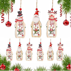 Tangger 9 Pieces Wooden Christmas Tree Decorations Ornaments Santa Snowman Elk Christmas Crafts Wooden Decoration