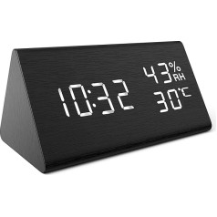 Ankilo Wooden Alarm Clock, Digital Alarm Clock, Display Date, Temperature & Humidity, 3 Brightness Levels, Smart Voice-Activated with 3 Alarm Sounds for Home, Kitchen, Bedroom