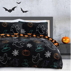 Sleepdown Halloween Scary Ghost Black Orange Flannel Fleece Reversible Bedding Set with Pillowcases Warm Soft Easy Care Bed Linen - King (230 cm x 220 cm)