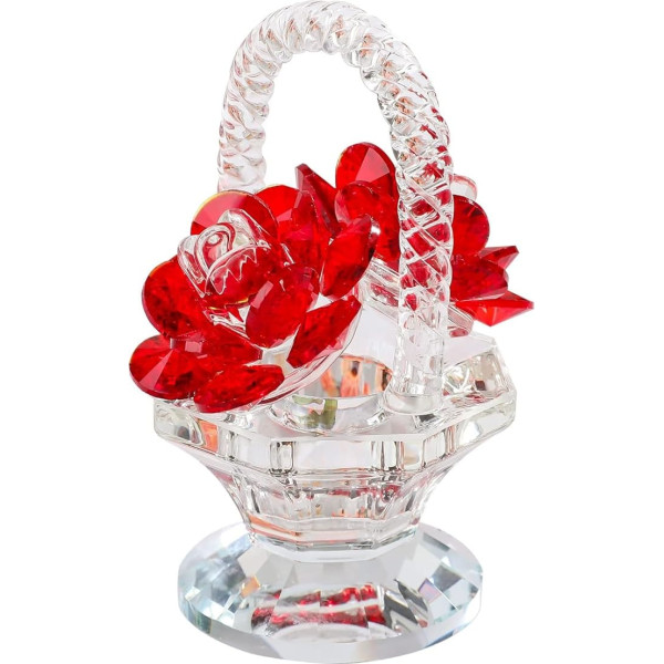Crystal Rose Basket Collectable Figurines for Women Ruby Glass Flowers Gifts for Mom Birthday Anniversary Centerpiece Ornaments for Home Decoration Christmas (Red)