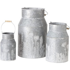 WHW Whole House Worlds Farmers Market Creamery Set of 3 Embossed Meadow Blossom Zinc Milk Can Vases with Rustic Container 49.75 cm