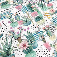 Kt KILOtela - 3 Metres Digital Print Linen Fabric 300cm Length 280cm Width 280cm Cacti Flowers - Green Pink