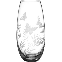 DIAMANTE 'Butterfly' Vase - Hand Etched Barrel Vase with Butterfly Wildflower Floral Pattern - 25 cm Clear Vase 