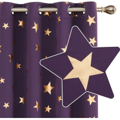 Deconovo Opaque Curtain with Eyelets, Blackout Curtains for Bedroom, Stars, Black