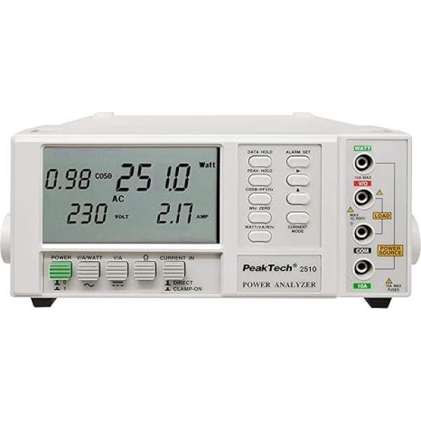 PeakTech 2510 Power Analyzer, Wattmeter, Current Meter, 1 Phase Power Analyzer up to 1000 kW, Display up to 10000 kWh with RS-232, Cos Phi, Frequency, Resistance, 600 V AC, 1000 A AC DC, P 2510