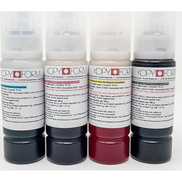 Kopyform Food ink for Epson printers 4 x 70 ml set (black, yellow, magenta, cyan), CISS systems and EcoTank printers from the Epson brand; with adapter for easy filling (KOLE070)