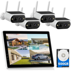 Camcamp Solar Surveillance Camera Set with 10 Inch IPS Monitor and 500 GB HDD, 4MP Wireless Solar Camera Outdoor Battery, Full Colour Night Vision, PIR Person Detection, 2-Way Audio, 10CH Expandable,