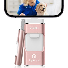 USB Stick for Phone Ryican 256 GB Memory Stick for iOS Password Protected Files 4-in-1 USB 3.0 Photostick Pendrive USB C for OTG Android/Laptop/PC/Pad, Data Copied with One Click (256G, Pink)