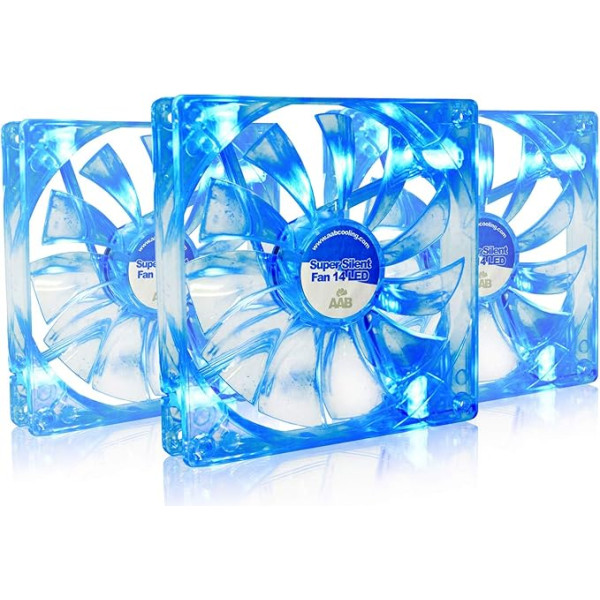 AABCOOLING Super Silent Fan 14 Blue LED - Quiet and Efficient 140 mm PC Fan with 4 Anti-Vibration Pads and Blue LED - CPU Cooler, PC Fan, Cooling, Air 8.6 dB(A) 80 m3/h - Value Pack of 3