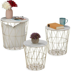 Relaxdays Basket Table Set of 3 Round Side Table Living Room Metal & Marble Look 3 Sizes Wire Basket Table White/Gold