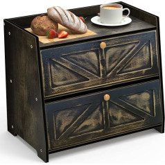VEDECASA Bamboo Bread Bin 2 Tier Bread Container for Kitchen Worktop Food Safe Bread Storage Bamboo Bread Boxes 40 x 25 x 35 cm Old Fashioned Black