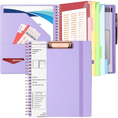 HAUTOCO Clipboard Folio with A4 Zip Bag, Clipboard Folder A4 with Refillable Notepad, Clipboards with 5 A4 Folders Storage 10 Pockets, Clipboard A4 with Lid for School/Office, Lavender