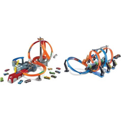 Hot Wheels CDL45 Action Mega Crash Spin Storm Track Set, from 6 Years, Multicoloured, and FTB65,Corkscrew Crash Track Set with Motorised Boosters