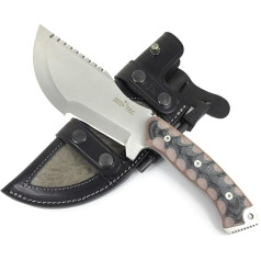 Saurius Outdoor Camping Belt Knife, Hunting Knife, Survival Bushcraft Knife, Premium Quality Steel MOVA 58, Single Edge, Leather Sheath + Fire Striker Design.