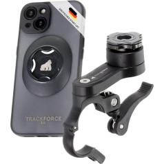 TRACKFORCE 360° Mobile Phone Holder for iPhone 15 with Vibration Absorber for Motorcycle, Bicycle & E-Scooter - Includes Mobile Phone Case & Back Attachment - Easy and Quick to Install - For Any