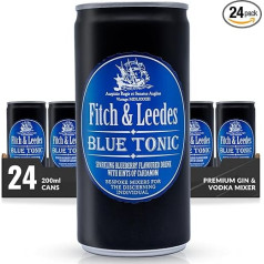 Fitch & Leedes Blue Tonic Water Blueberry (24 x 200 ml) from South Africa Great Companion to Gin [Spicy, Sparkling, Elegant] (Disposable Tins Price incl. €6.00 / 24 x 0.25€ DPG Disposable Deposit)