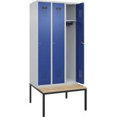 kaiserkraft | Spind Evolo Plus Sitzbank | 3 Abteile | lichtgrau/enzianblau | B 900 mm | Zylinderschloss | mit untergebauter Sitzbank | Buche