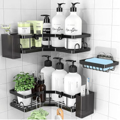 Corner Shower Caddy Bathroom Storage Kitchen Storage No Drilling with Soap Holder 2 Toothbrush Holder and 4 Hooks for Bathroom or Kitchen Bathroom Stainless Steel Shower Shelf (2 Pack)