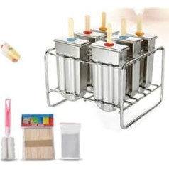 lyrlody 6 x Stainless Steel Ice Cream Moulds Ice Lolly Moulds with Stick Holder and Cup Brush Popsicle Moulds Set for Homemade Ice Lolly Sticks