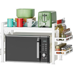 EKNITEY Extendable Microwave Shelf - Over Microwave Shelf Countertop 2-Tier Kitchen Microwave Stand with Spice Rack and 6 Hooks (White with Spice Rack)