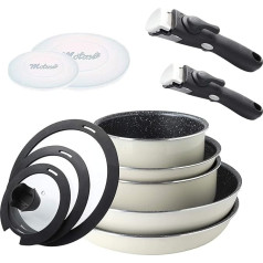 Motase Frying Pan Set with Removable Handle, 12 Pieces, Pan 20/26 cm, Deep Pan 26 cm, Pot 16/20 cm with Lid, Induction Pots Pan Set, Non-Stick Coating, Stackable, Oven-Safe