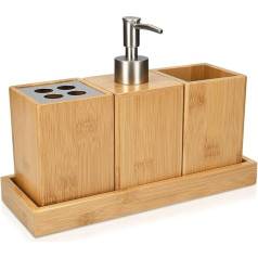 Navaris Bathroom Set Bamboo 4-Piece Decorative Bathroom Accessories with Toothbrush Cup Soap Dispenser Cup and Shelf Bathroom Accessories Made of Bamboo