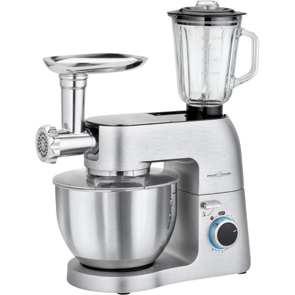 ProfiCook PC-KM 1189 3-in-1 Kneading Machine, Mixer and Meat Grinder in One, Solid Die-Cast Aluminium Housing with Powerful 1500 Watt, 8 Speed Levels, Professional Metal Gear, Silver
