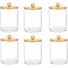 Pinafresa 6 Pack Clear Medicine Bottle Storage Box with Bamboo Lid Cotton Bud Dispenser Bathroom Glass Organizer