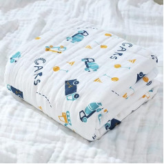 Hivia Muslin Baby Blanket, 6-Layer Cuddly Blanket, Baby Cotton Muslin Blanket, Children's Swaddle Blanket, Soft Bath Towel, Children's Blanket for Newborns, Girls, Boys, 110 x 110 cm (Wagon)
