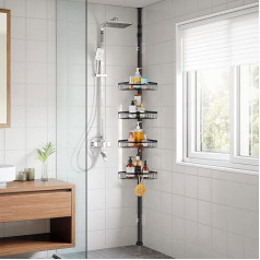 QIUFEN Telescopic Shower Shelf, Metal Corner Shelf, Bathroom Shelf, Shower Shelf, No Drilling, Shower Shelf, Corner, Telescopic Shelf Bathroom for Shower, Height Adjustable from 73-302 cm (Black)