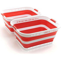 SAMMART 42L Collapsible Plastic Laundry Basket - Foldable Pop Up Storage Bin / Organiser - Portable Washing Tray - Space Saving Basket/Basket (White/Viva Magenta (Set of 2))