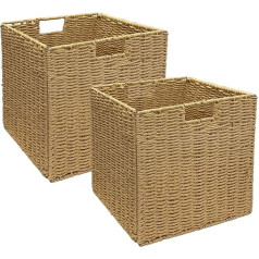 Aluusy Basket Storage Braided Set of 2 Hand-Woven Foldable Storage Baskets with Handles, 28 x 28 x 28 cm, Large Wicker Basket for Bathroom, Kallax Expedit Shelves, Kitchen, Bedroom, Living Room (Wood