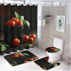 SLKMHFT Kleine Tomaten in Tasse bedrucktes 4-teiliges Badezimmer-Set, Duschset, wasserdichter Duschvorhang (183 x 182 cm), WC-Deckelbezug, rutschfeste Teppiche und Badematte, Badezimmer-Dekoration