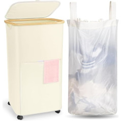 Wuciray Laundry Basket with Wheels 100 L Laundry Basket White Laundry Separator Narrow Laundry Basket with Lid Laundry Basket Foldable Laundry Hamper Dirty Laundry Container with Removable Laundry Bag